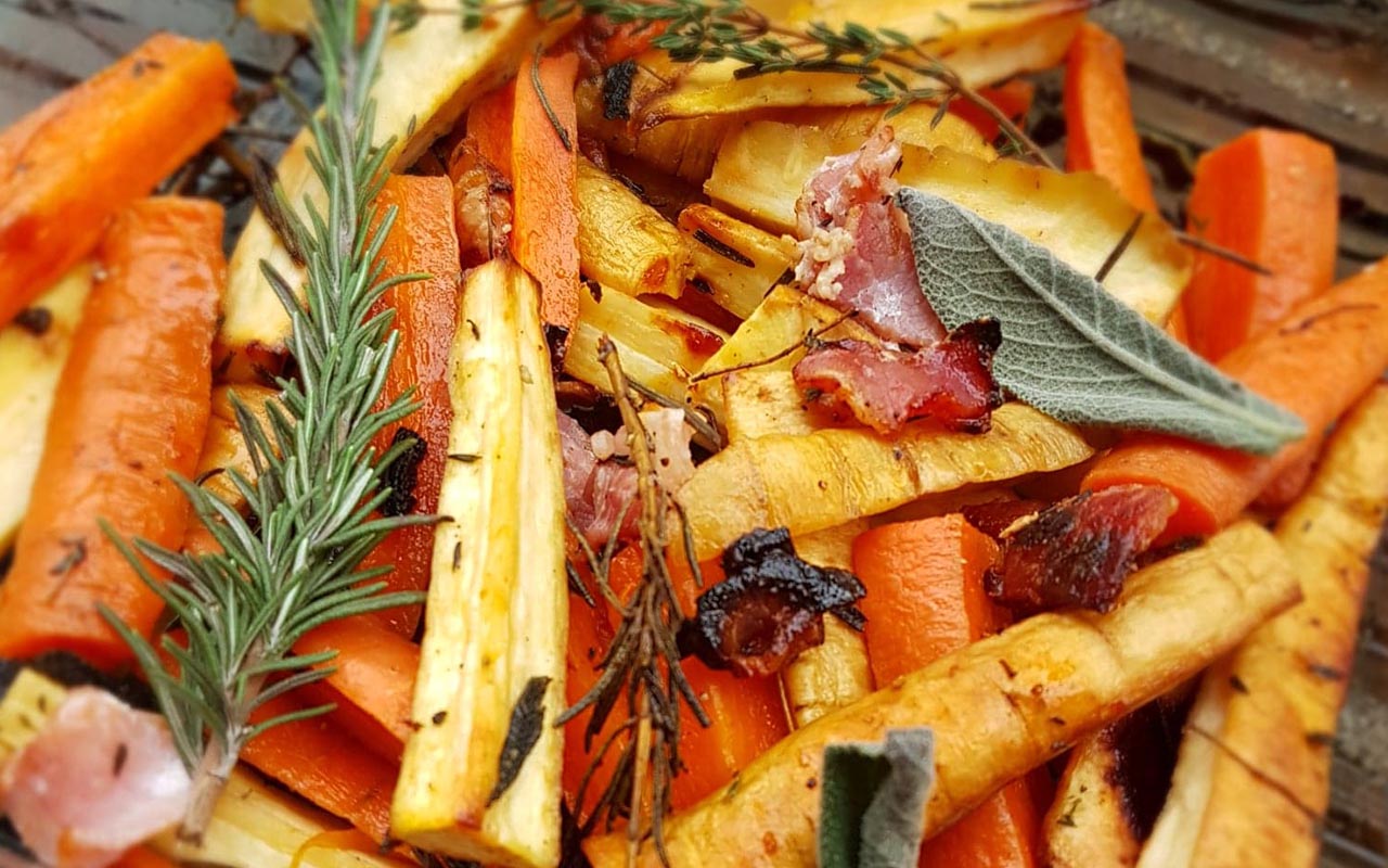 bacon honey-roasted vegetables, starving student festive blog 2019