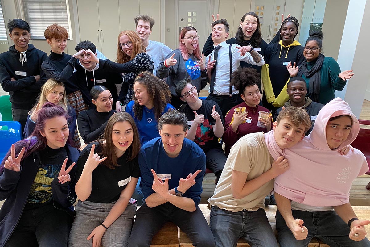 22 young people in a selfie, all the groups taking part in the podcast