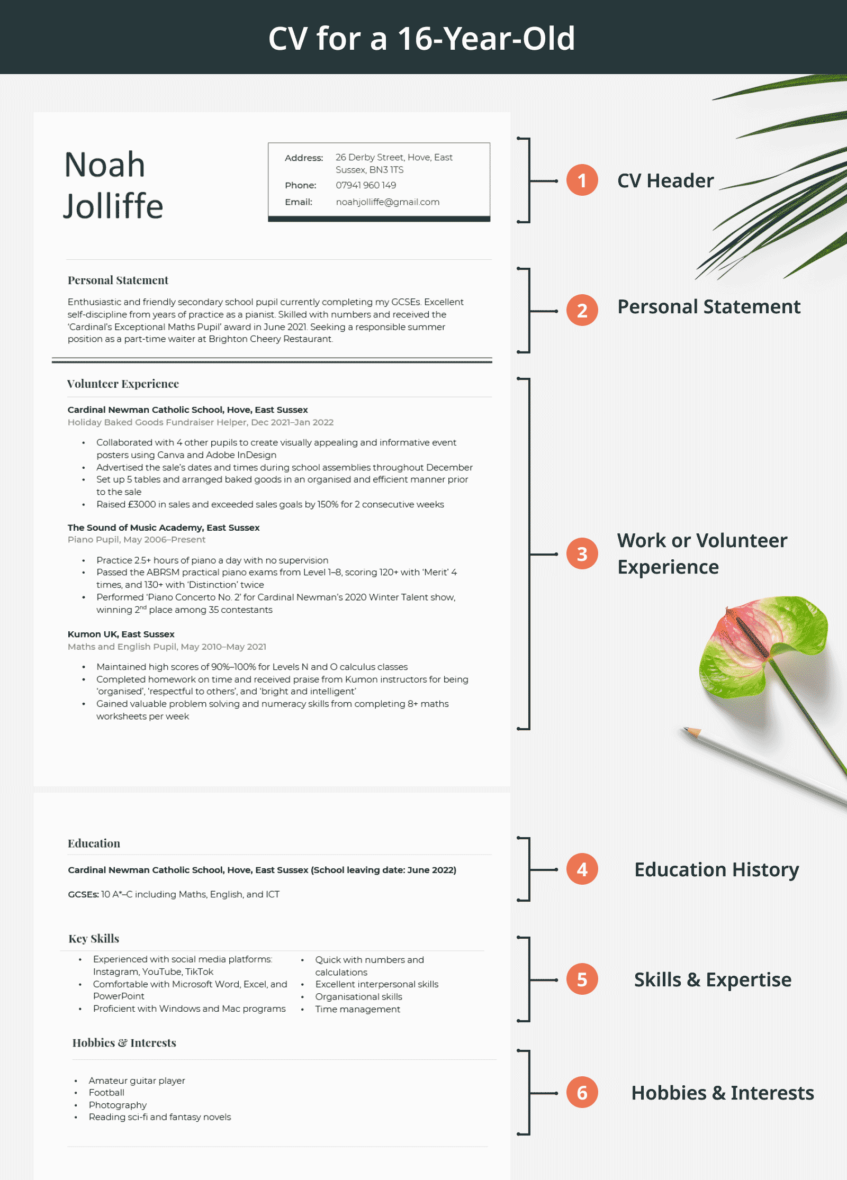 A detailed CV template for a sixteen year old.