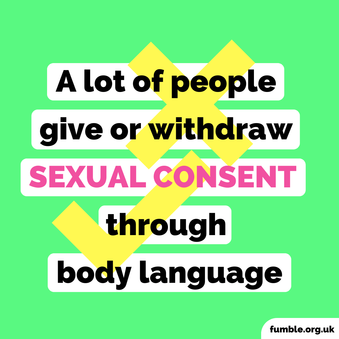 A graphic saying A lot of people give or withdraw sexual consent through body language.