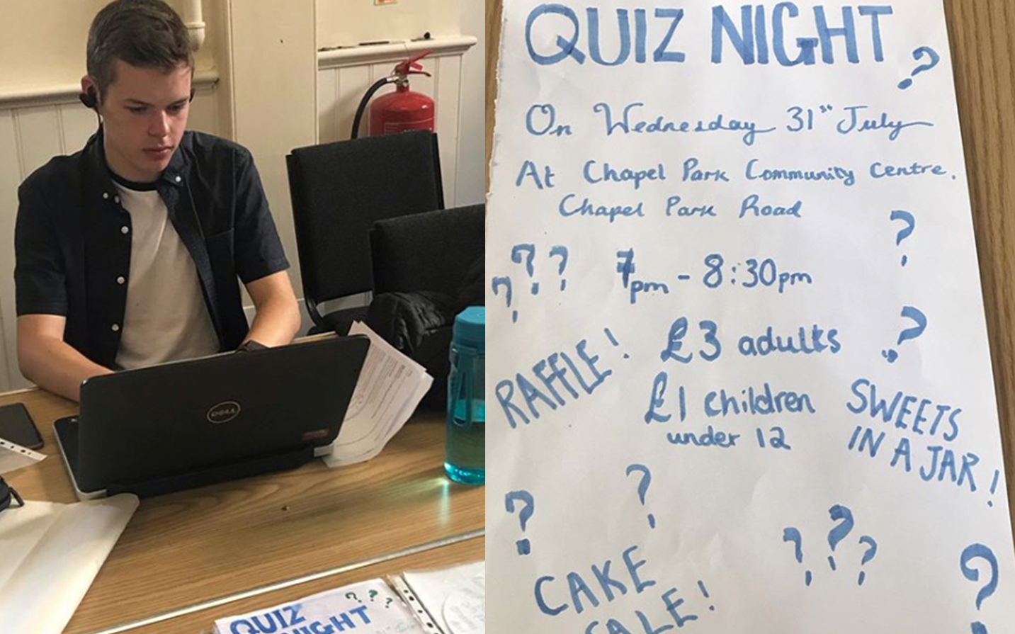 Tom working on a laptop, flyer for Team One's quiz night