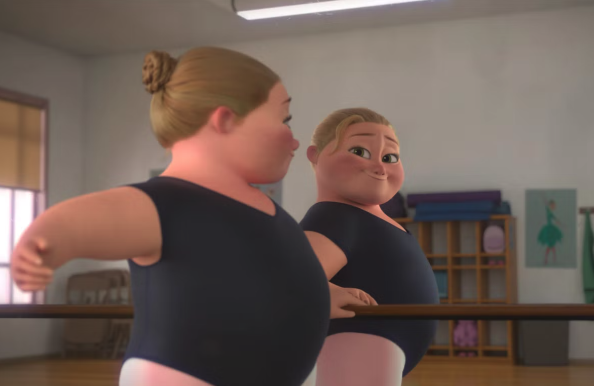 Bianca from the disney movie Reflect wearing a black body suite and dancing ballet