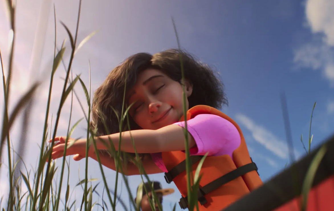 Erica Milson from the movie Loop wearing a life jacket and touching the grass