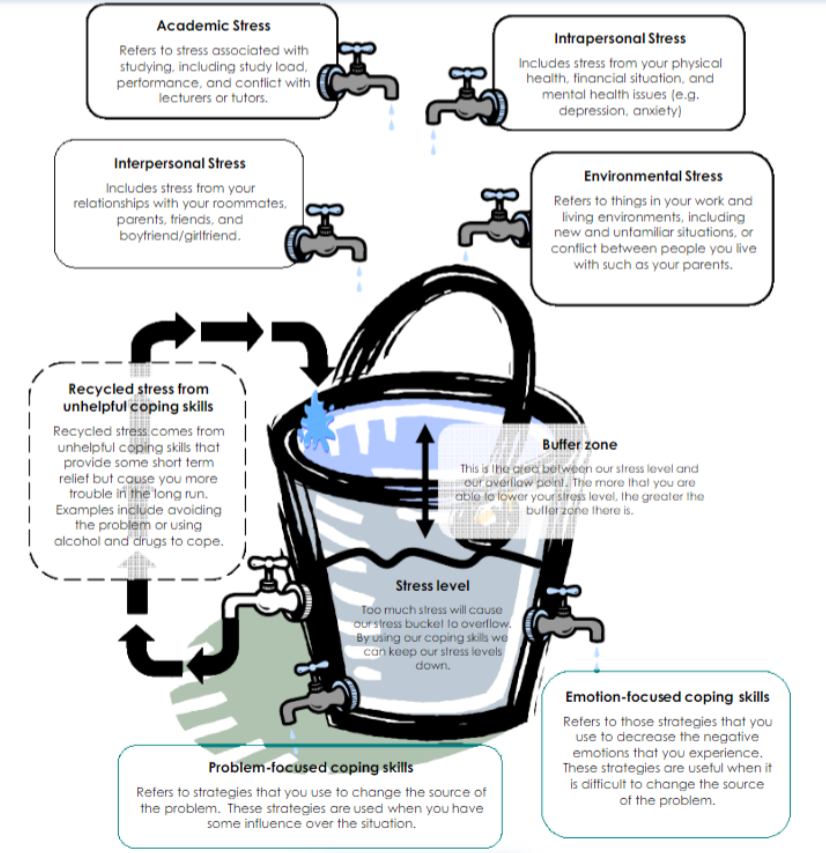 Picture of a stress bucket which has academic stress, interpersonal stress, intrapersonal stress, environmental stress recycled stress from unhelpful coping skills, buffer zone, problem focused coping skills, emotion focused copying skills.