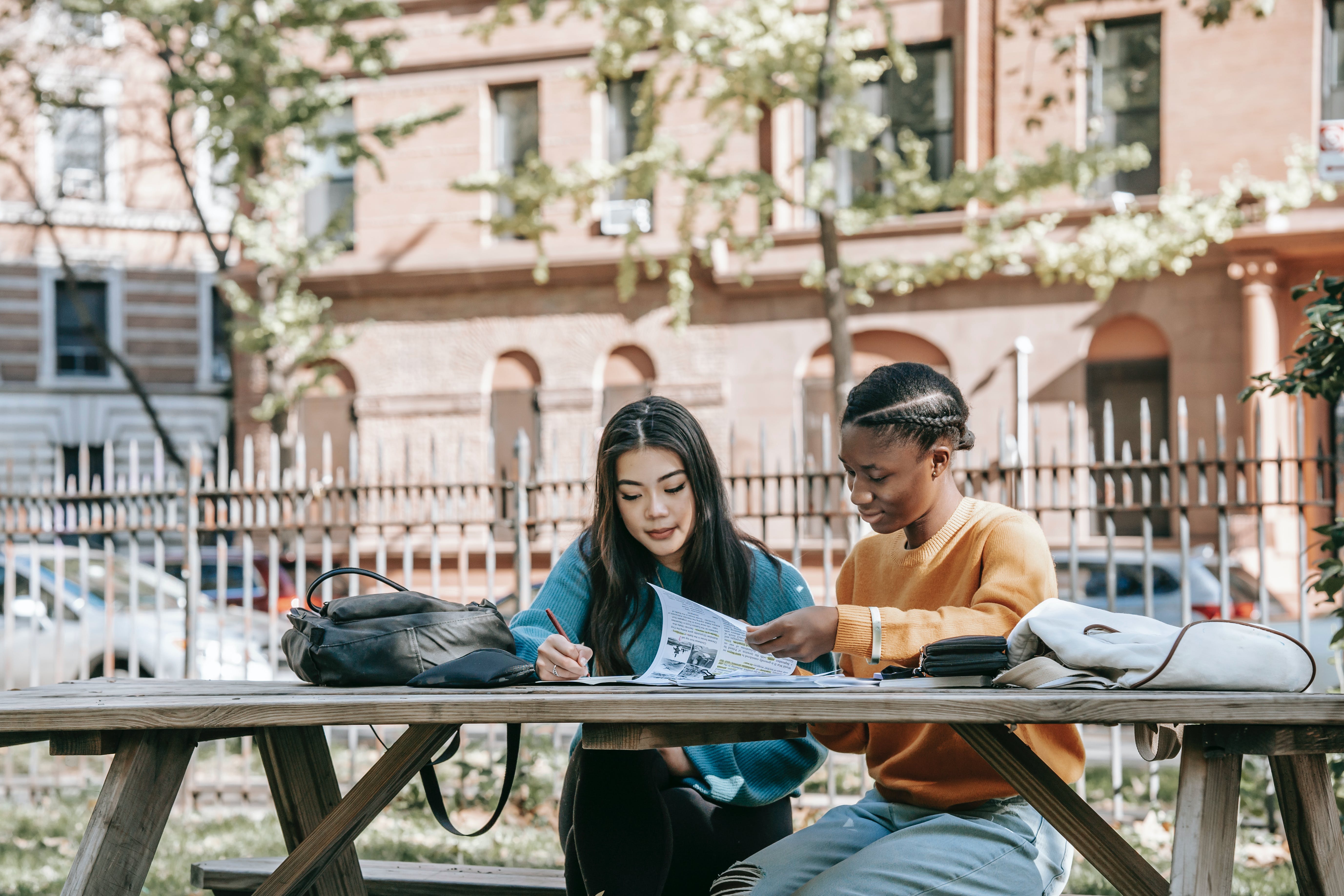 Would just cut this one down a bit: A photo of two young women sitting at a wooden picnic table outdoors, focused on papers and a book in front of them. One woman, wearing a blue sweater, is writing notes, while the other, in a yellow sweater, is reading a document. A black bag and a white pouch rest on the table.
