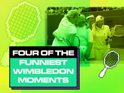 Four of the funniest Wimbledon Moments Blog Tile, featuring imagery of Wimbledon players in top right