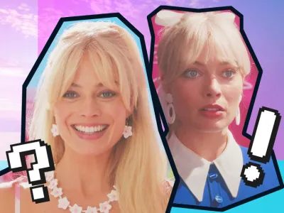 Two different pictures of Margot Robbie in the Barbie movie