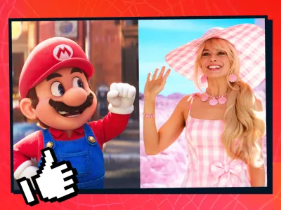 Cartoon character super Mario and Margot Robbie, an actress from the movie Barbie in a single frame.