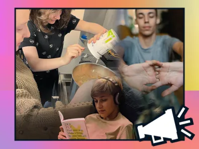 A collage of three separate images depicting young people engaged in different activities. On the top left, an individual is pouring a liquid from a jug into a pot, observed by another person. In the top right, two hands are shown with one passing a small object to the other. The bottom image features a person wearing headphones and reading a book titled "Do You Feel It Too? The Post-Postmodern Syndrome in American Fiction at the Turn of the Millennium." The images are bordered by a pink and purple frame wi