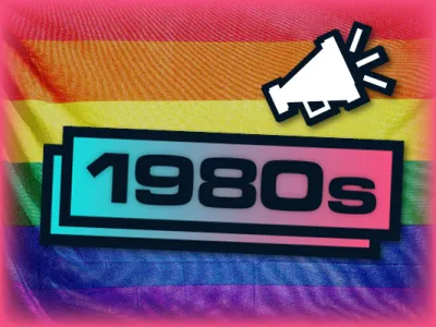 A pride flag in the background with 1980s overlaid