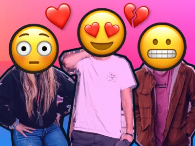 A picture of three people standing side by side with their faces replaced by large emoji heads against a gradient pink and blue background. The person on the left has an emoji with wide eyes and a straight mouth, the middle person has an emoji with hearts for eyes, and the person on the right has a grinning emoji with gritted teeth. Each person is striking a casual pose and dressed in everyday clothing, including a black jacket, a white t-shirt, and a brown jacket.