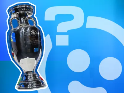 Picture of the UEFA European Championship trophy against a blue background featuring a large question mark and a partial smiley face icon.