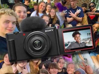 Photo collage of multiple young people in various poses, overlaid with a large Sony camera in the foreground. The camera's screen displays an image of a smiling young man at a beach, with the REC indicator in the bottom left corner