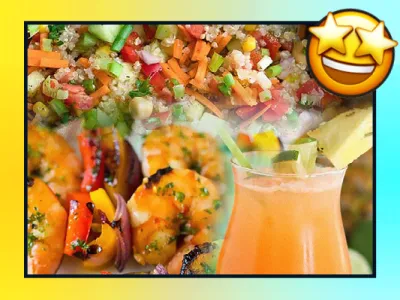 A vibrant image featuring a colorful assortment of summer foods and a refreshing drink. The upper portion showcases a mixed salad with diced vegetables such as cucumbers, tomatoes, carrots, and green onions. Below it, grilled shrimp skewers with bell peppers and red onions are visible. On the right side, a tall glass of orange-colored drink is garnished with a pineapple slice and a piece of lime.