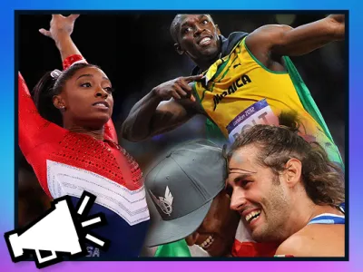 Collage of iconic Olympic moments featuring Simone Biles performing a gymnastics routine, Usain Bolt celebrating a race win, and two athletes embracing joyfully.