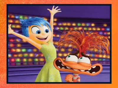 An animated image featuring two characters from the movie "Inside Out 2." The character Joy, with blue hair and a green dress, is joyfully raising her arms next to another character, Anxiety, with wild orange hair and a surprised expression.