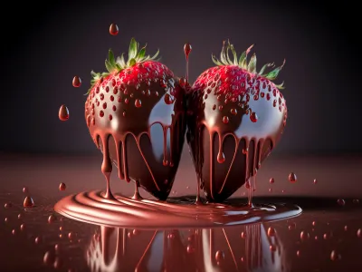 Two ripe strawberries are dipped in melted chocolate, the chocolate coating is dripping down and forming small pools at their base.