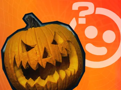 A carved pumpkin which goes with the halloween theme on an orange background. 