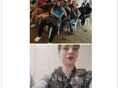 A collage of two images. The top image shows a group of diverse young people sitting on chairs in a large tent, smiling and posing playfully. The bottom image is a selfie of Catriona wearing a grey jumper and a big bag, with bright red lipstick in her trash fashion bin bag outfit.