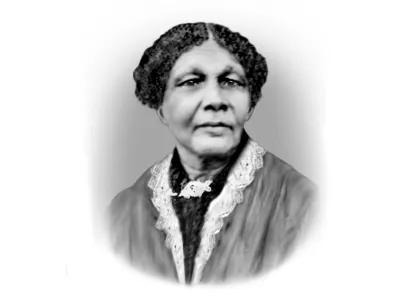 A black woman named Mary Seacole in a white and black portrait.