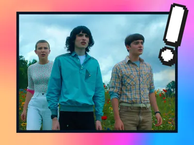 Three young people from the movie stranger things (Millie Bobby Brown played Eleven on the left, Finn Wolfhard played Mike Wheeler in the middle and Noah Schnapp played Will Byers on the right.) They stand outdoors, looking forward. The background is a field with a colorful sky border and an exclamation mark icon on the right.