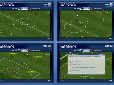 Players on a football pitch playing a game. The screen is divided into four different views of the football pitch.