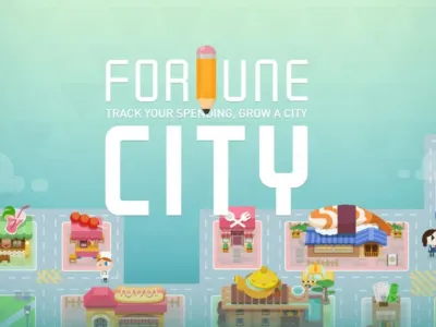 A graphic of the game Fortune City with characters in the background. Across the centre of the image it says: track your spending, grow a city.