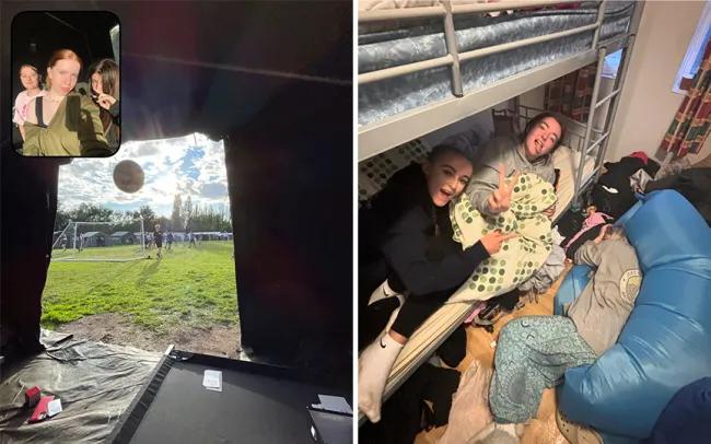 Two images side by side, the image on the left is in the BeReal (is that right!?!) style, with the main photo looking out of a team onto a makeshift football pitch and the small image is a selfie of three girls in the tent. The photo on the right is of three girls in a dorm roo, two are lying down on the lower bunk and the third is lying on a blue bean bag hiding her face from the camera.