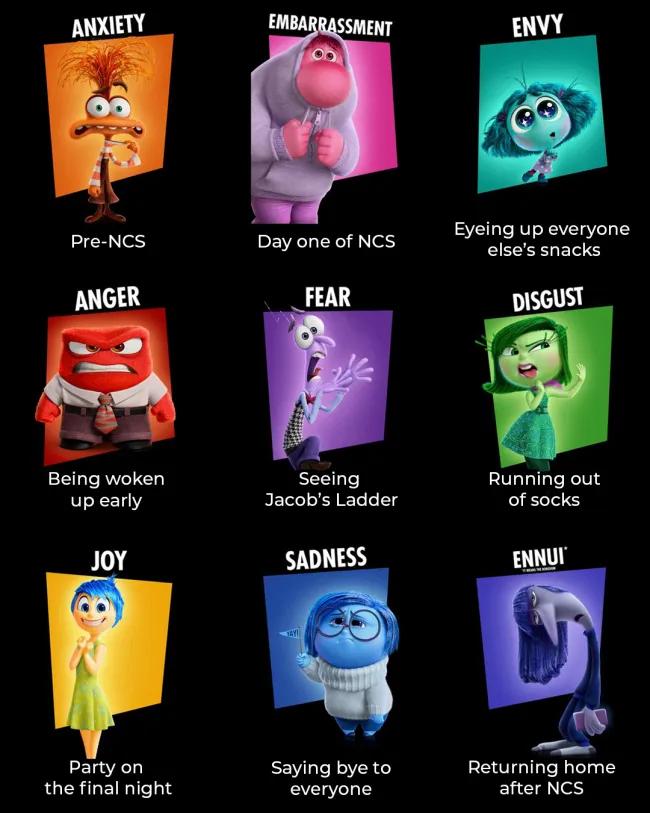 Grid of nine characters from "Inside Out 2," each representing different emotions in various NCS (National Citizen Service) scenarios. Top row: Anxiety labelled "Pre-NCS," Embarrassment labelled "Day one of NCS," and Envy labelled "Eyeing up everyone else's snacks." Middle row: Anger labelled "Being woken up early," Fear labelled "Seeing Jacob’s Ladder," and Disgust labelled "Running out of socks." Bottom row: Joy labelled "Party on the final night," Sadness labelled "Saying bye to everyone," and Ennui labe