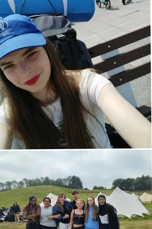 A picture collage of Catriona’s NCS experience. The top image shows Catriona taking a selfie on a bench. She's wearing a blue cap with a logo, has long dark hair and red lipstick. Behind her are a blue sleeping mat. The bottom image shows a group of six diverse young people posing together in front of white bell tents on a grassy hill.