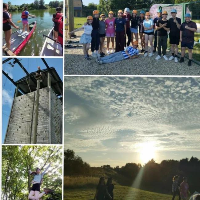 A collage of five pictures depicting Cat's NCS Experience Adventure. The pictures show: Top left: Two people in red life jackets paddling canoes on a calm river. Top right: A group photo of about 15 young people wearing colourful safety helmets, standing together on gravel near water. Middle left: A tall wooden climbing tower with ropes attached, against a blue sky. Bottom left: A person mid-jump between trees, arms raised in excitement. Bottom right: A sunset scene with scattered clouds. 