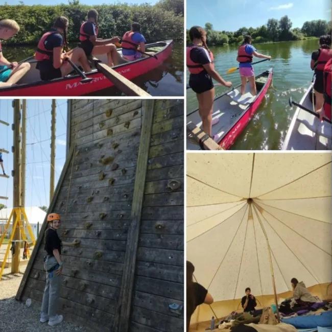 A collage of outdoor adventure activities. Top images show young people canoeing on a sunny day, wearing red life jackets. Bottom left depicts a tall wooden climbing wall with a person in safety gear at its base. Bottom right shows the interior of a large tent with people relaxing on the floor.