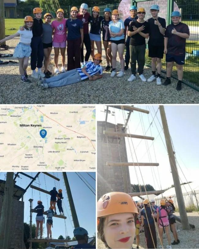 A collage of four images depicting an NCS experience activity in Milton Keynes. The top image shows a group photo of young people wearing safety helmets, standing in front of a high ropes course. Below, there's a map centred on Milton Keynes, and two photos of the high ropes course in action. One shows participants climbing, and the other is a selfie of Catriona in a helmet with other attendees.