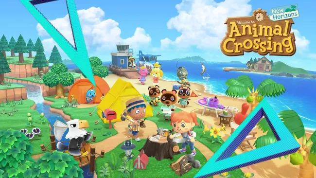 Colourful scene from Animal Crossing: New Horizons with characters engaging in various island activities.