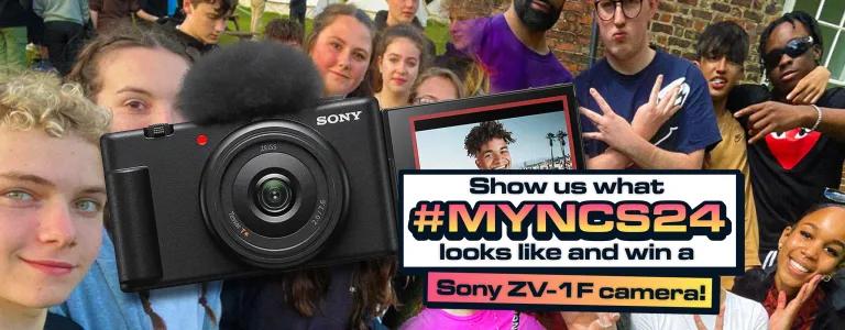 Photo collage of multiple young people posing together, overlaid with a large Sony camera in the foreground. The camera's screen displays an image of a smiling young man at a beach, with the REC indicator in the bottom left corner. A text box on the right side reads: "Show us what #MYNCS24 looks like and win a Sony ZV-1F camera!"