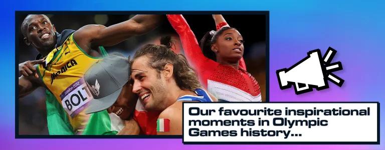 Blog header featuring iconic Olympic moments with Usain Bolt celebrating a race win, Simone Biles performing a gymnastics routine, and two athletes embracing joyfully. The banner includes a megaphone graphic and the text 'Our favourite inspirational moments in Olympic Games history...' on a gradient blue to purple background.