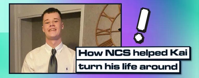 Kai dressed in a white dress shirt with a black tie in a green graphic gradient frame with text written saying "How NCS Helped kai turn his life around.  