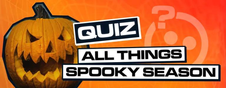 A carved pumpkin which goes with the halloween theme on an orange background with a text: Quiz, All things spooky season