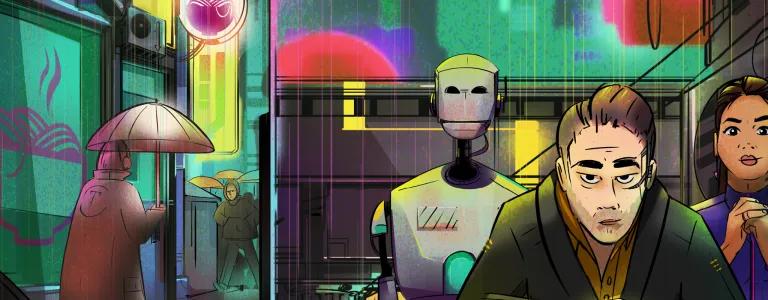 Neohaven Noodles home page banner with people and robot looking directly at screen. 
