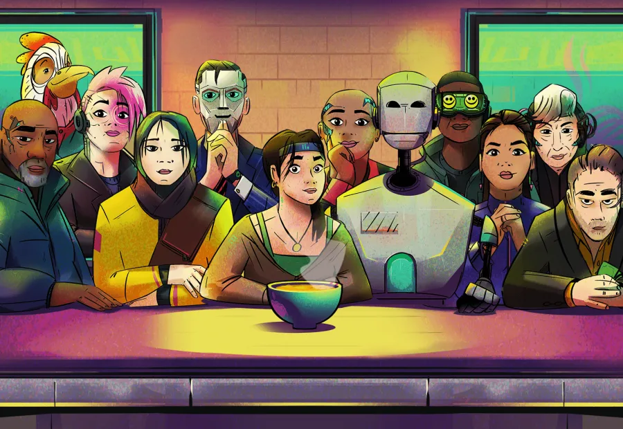 The image shows twelve characters that feature in the Neohaven Noodles game