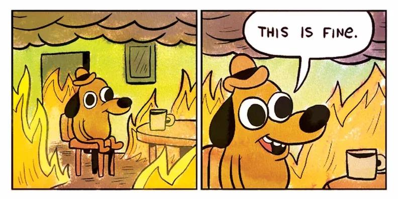 A meme of a cartoon dog sat in a burning room. The dog is saying, "This is fine".