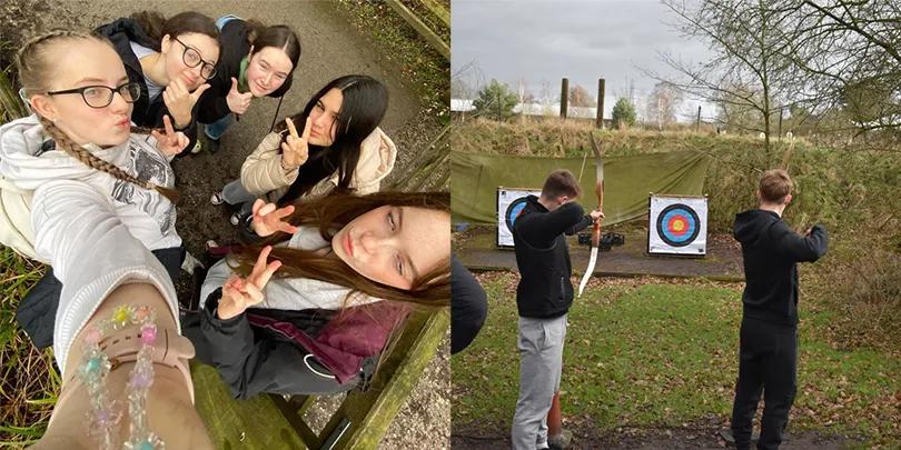 A picture of five young girls posing for a selfie outdoors. The picture is taken from an overhead perspective or a selfie pose by one of the young girls. All girls are making peace signs with their hands. And a picture of two young men standing practicing archery in an outdoor setting. The left individual, wearing a black top and grey jeans is in the process of shooting an arrow. In front of them are two archery targets.