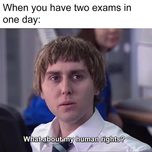 A meme of Jay from The Inbetweeners TV show, looking confused in class. the text reads: When you have two exams in one day...what about my human rights?