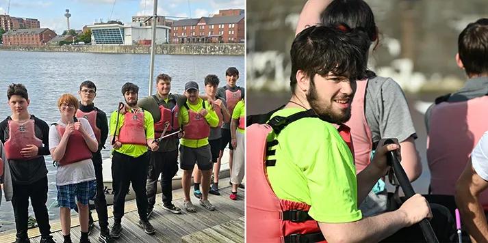 Two photos side by side. On the left Simon stands with a group of 7 young boys who are all wearing life jackets, ready to collect waste from the water. On the right Simon is sitting in a boat holding a paddle.