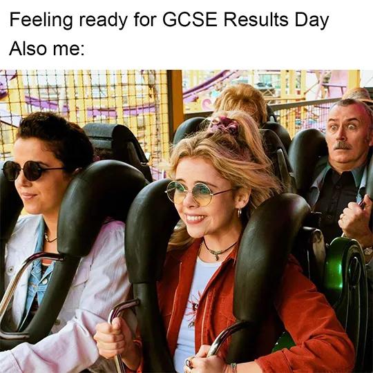 A meme with characters from tv show Derry Girls strapped into a rollercoaster ride. The young woman front right is holding onto the handlebars tight and has a scared smile on her face. Her Dad in the seat behind her is also holding on tight with his eyes wide open looking very scared.